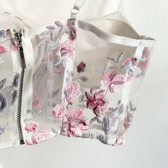 Romantic Bustier Mesh Peek-A-Boo Crop Style Top Bra Floral Embroidery Cottage M - Picture 12 of 14